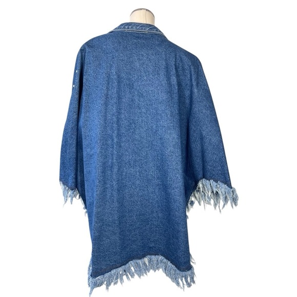 VTG CELE'S COLLECTION Silver Stud Denim Fringe Poncho Jacket Women's Size L - Picture 3 of 16